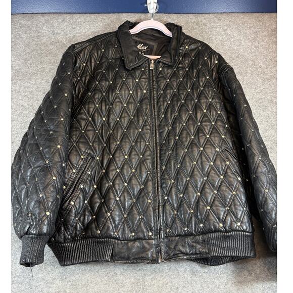 Vintage 90s Max Quilted Bomber Jacket Mens 4X Black Leather Studded Biker USA - Picture 1 of 6